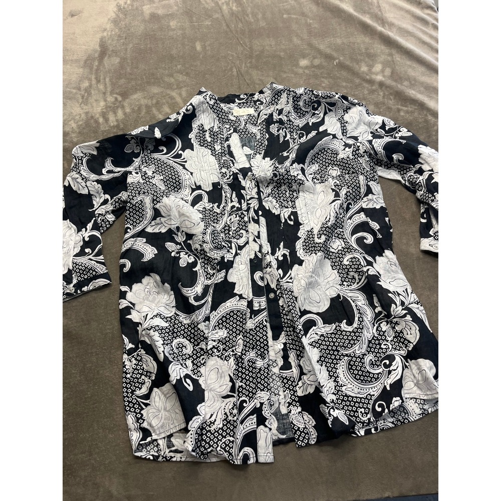 Charter Club Luxury Linen Shirt XL Black White Floral Paisley Button Down Top